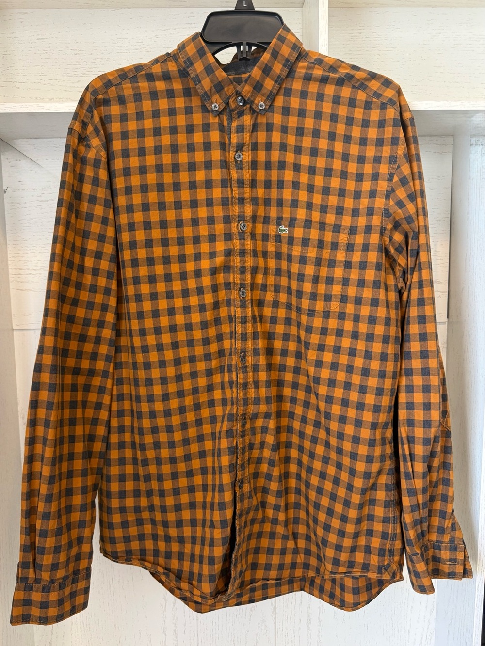 Lacoste Orange and Navy Gingham Button-Down Shirt size 42 France